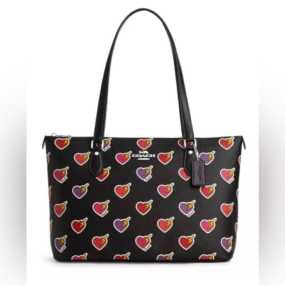 🔥🎁NWT! Coach Gallery Tote Bag with Heart Bolt Print Black Multi Msrp:$378.00